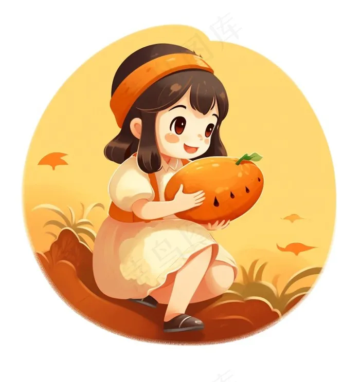 抱着南瓜的小女孩可爱卡通插画免抠(1024x1088)
