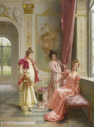 欧洲宫廷贵妇靠窗唯美油画