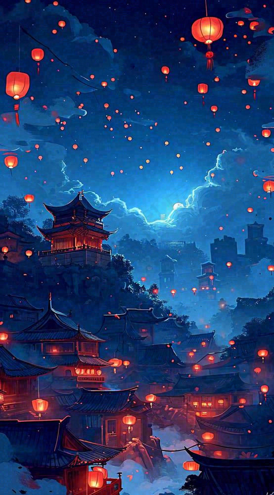 夜晚夜景月亮国风建筑灯笼星空浪漫，恐怖悬疑(816x1472)