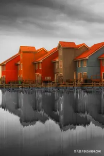 唯美水上木屋风景画