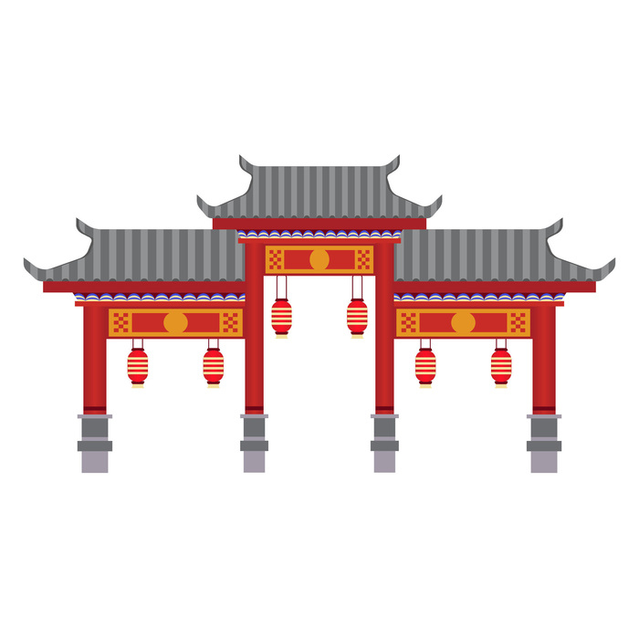 中国风复古式国潮门楼手绘城门插画牌楼建筑AI素材png免扣图