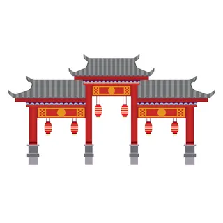 中国风复古式国潮门楼手绘城门插画牌楼建筑AI素材png免扣图