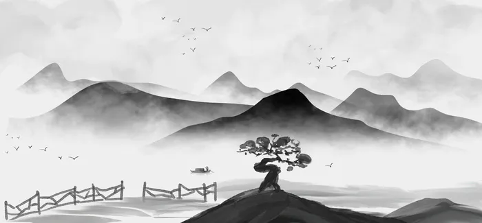 高山黑白山水风景绘画PSD素材psd模版下载