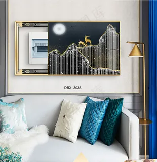 大气时尚家居室内装饰场景客厅沙发卧室床铺电表箱壁画背景图背景金鹿月夜