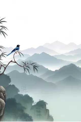 古风山水画迎客松鸟水墨画背景