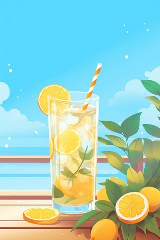 清新蓝天冰饮柠檬冰块插画背景