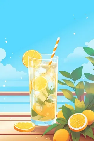 清新蓝天冰饮柠檬冰块插画背景