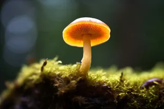 苔藓上生长着一个蘑菇细节特写摄影图