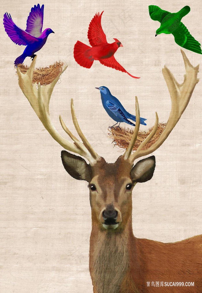 水彩彩色鸟麋鹿装饰画