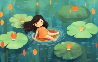 在睡莲池塘里玩耍的女孩插画背景