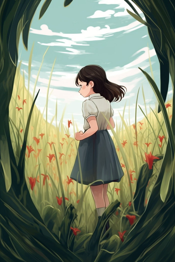 少女在绿叶藤蔓围绕的草丛里卡通插画素材(2688x4032)
