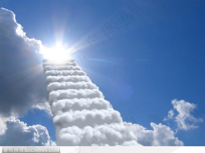 蓝天白云下阳光里的云梯