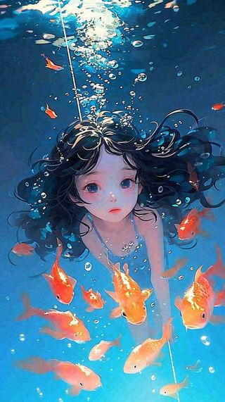 阳光水底光照游泳长发美人，鱼类金鱼，水气泡