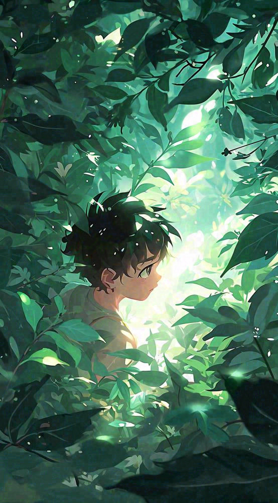 森林探险阳光绿叶男孩儿童，玩耍光照，插画手绘