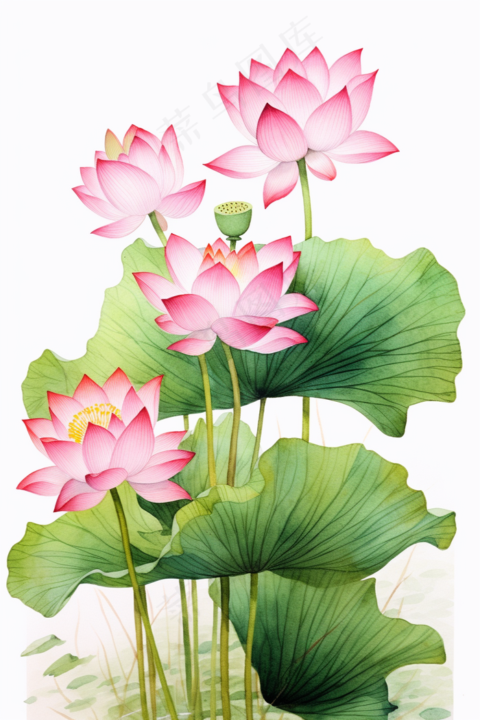 荷花莲花荷叶盛开卡通插画