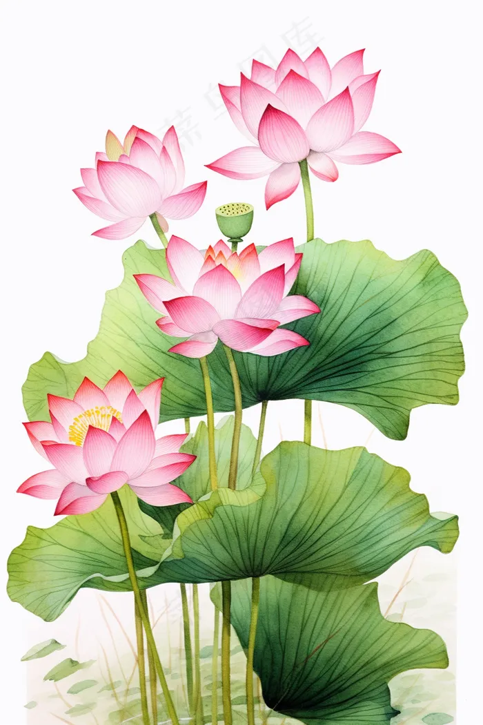 荷花莲花荷叶盛开卡通插画(2688x4032)