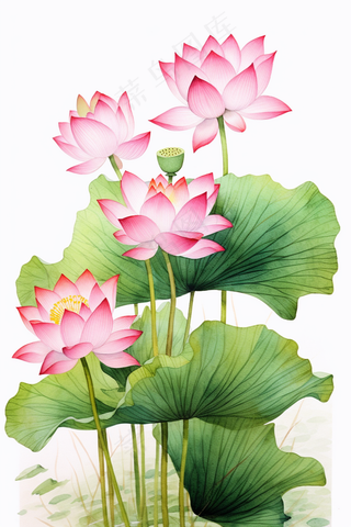 荷花莲花荷叶盛开卡通插画