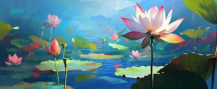 夏季池塘荷花荷叶盛开油画，小暑大暑夏至(1712x704)