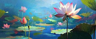 夏季池塘荷花荷叶盛开油画，小暑大暑夏至