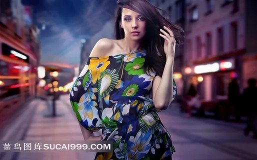 穿斜肩裙子的长发美女模特摄影高清图片