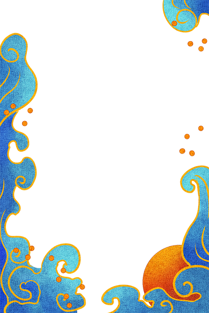 国潮手绘古风海浪花朵祥云装饰边框相框免抠