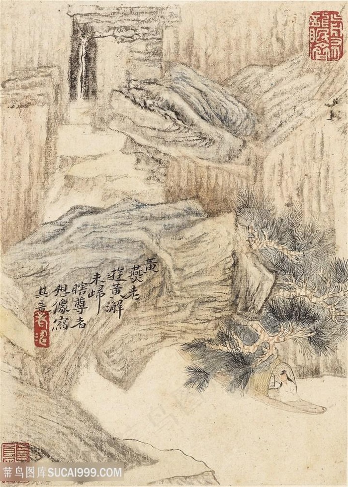 清代画家石涛山水册松下泛舟国画图片