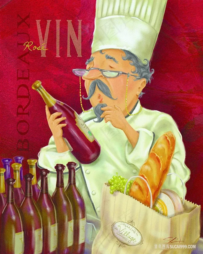 厨师酒瓶油画