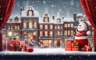 圣诞装饰喜庆礼物红色窗外下雪摄影图