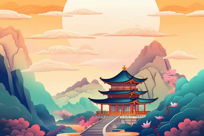 国潮夏日清新荷花建筑插画背景(1344x896)