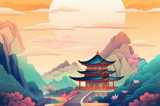 国潮夏日清新荷花建筑插画背景