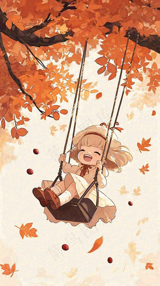 秋天秋叶树下卡通女孩荡秋千手绘插画，唯美落叶