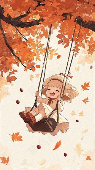 秋天秋叶树下卡通女孩荡秋千手绘插画，唯美落叶