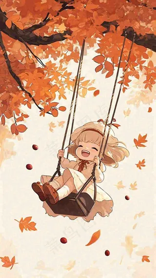 秋天秋叶树下卡通女孩荡秋千手绘插画，唯美落叶