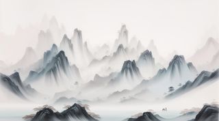 大气写意中国传统水墨画山水插画壁纸行者