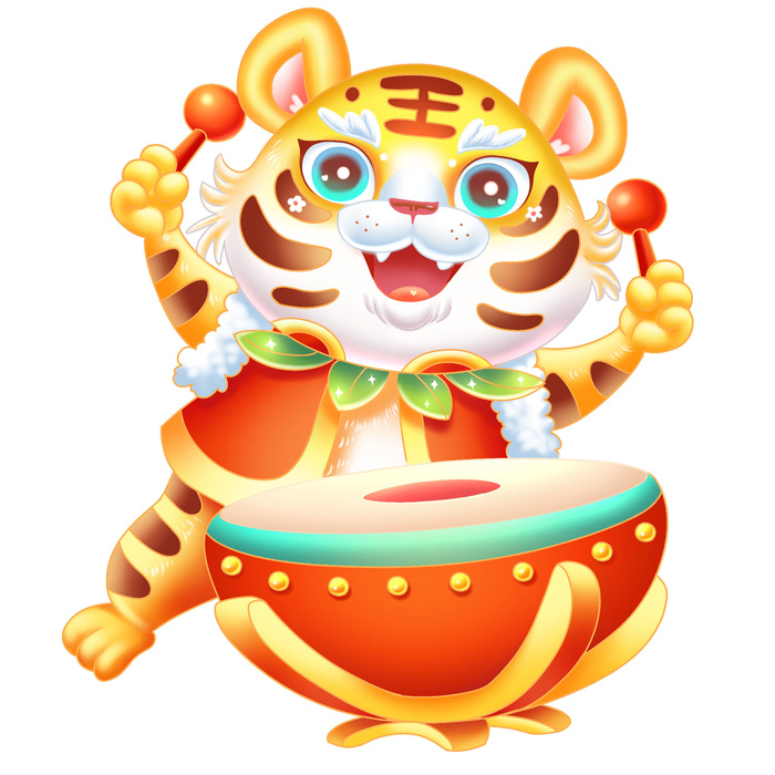 手绘2022虎年新年春节卡通老虎形象IP插画元素PSD设计素材图案