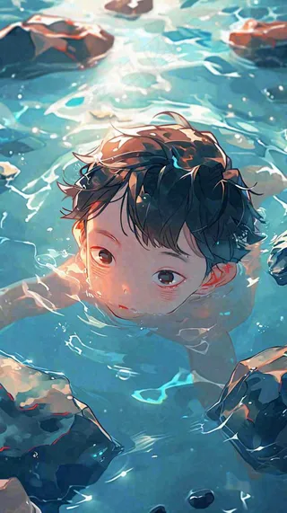 夏天儿童男孩水里游泳戏水，小暑大暑