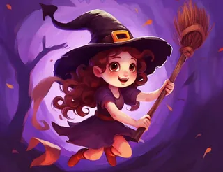 万圣节女巫骑扫把紫色卡通插画背景