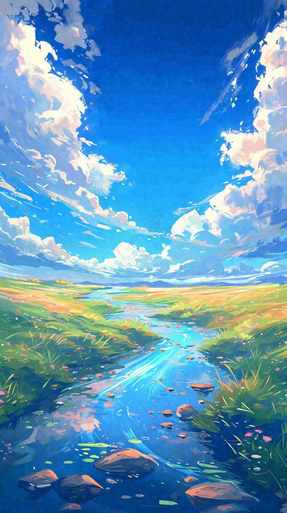 蓝天白云草地溪流春天阳光灿烂的日子春分春风，插画手绘(816x1456)