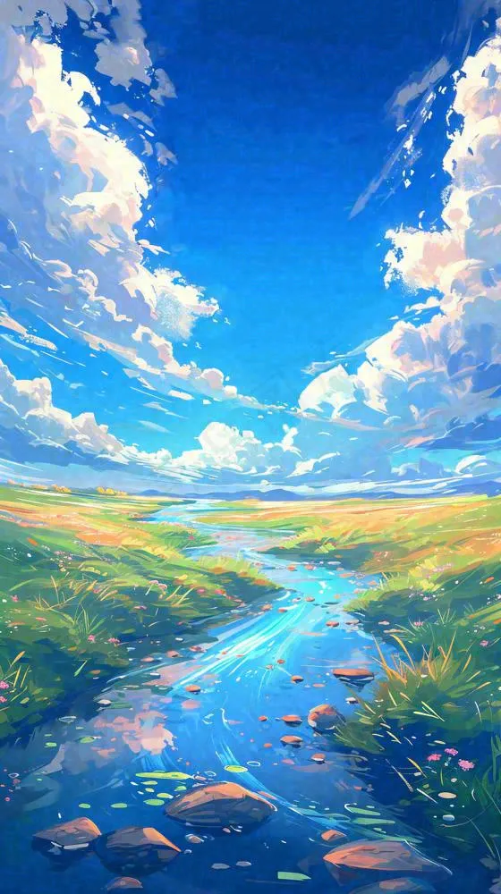 蓝天白云草地溪流春天阳光灿烂的日子春分春风，插画手绘(816x1456)