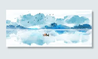 水彩绿色湖水风景画PSD素材