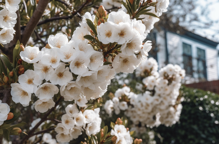 白色花朵春天盛开，以柔和的边缘和大气效果的风格，bloomcore，宁静的花园景观，浅琥珀色，fujifilm eterna 160t type 8531，女性感性，bloomsbury group摄影图