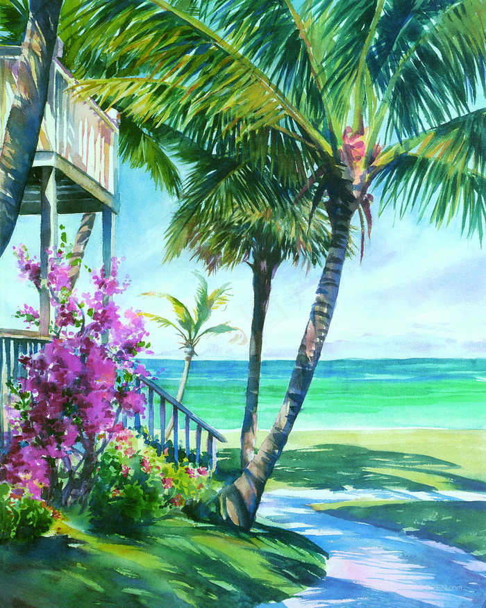 唯美木屋椰树海景风景画