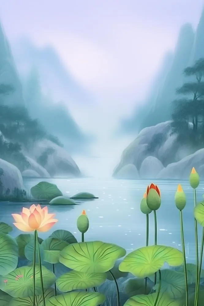 紫色简约国风莲花傍晚背景(896x1344)