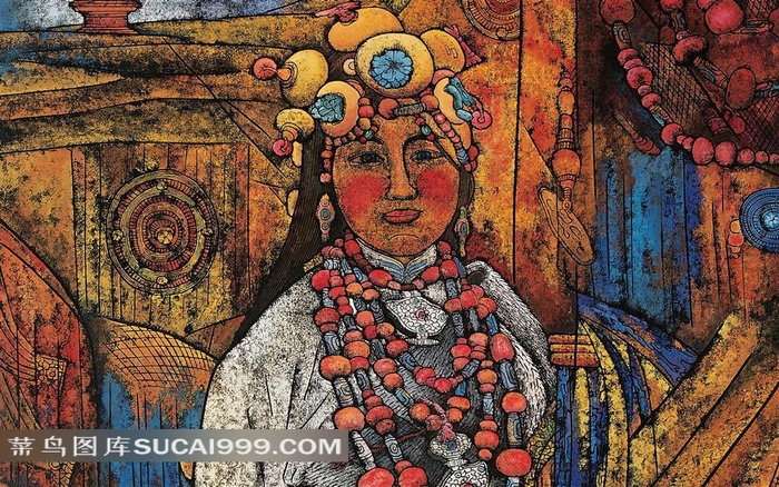 藏族妇女人物版画高清素材