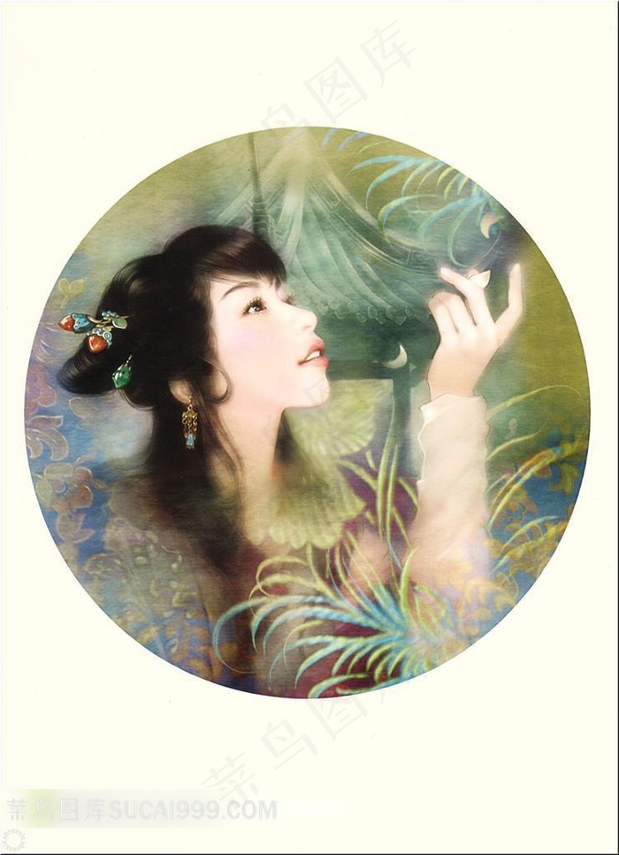 德珍手绘古典手接落叶的美人