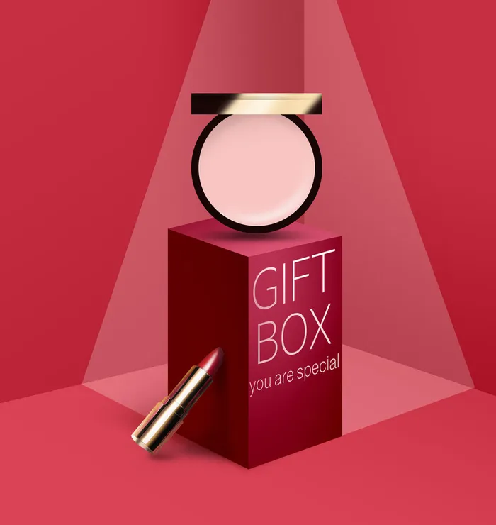 粉底口红红色盒子美妆主题海报psd模版下载