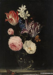 静物透明玻璃瓶花卉油画