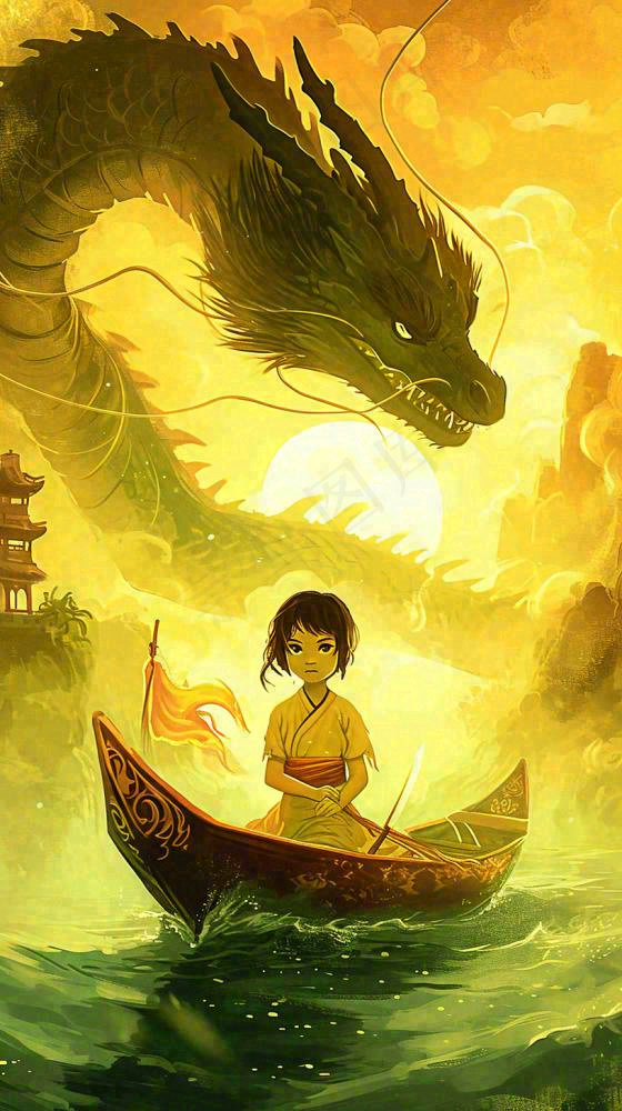 国风中国龙龙年落日黄绿色意境海浪插画手绘