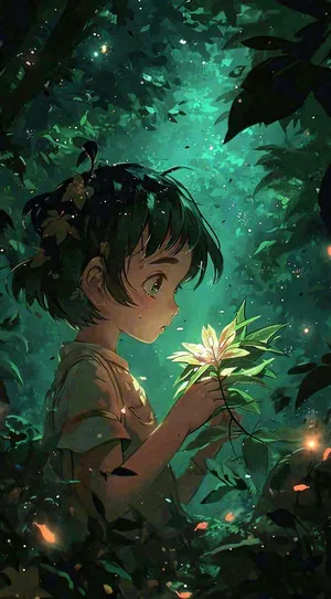 森林探险阳光绿叶男孩儿童，玩耍光照，插画手绘