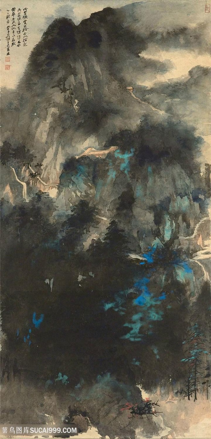 张大千手绘水墨山脉高清装饰画
